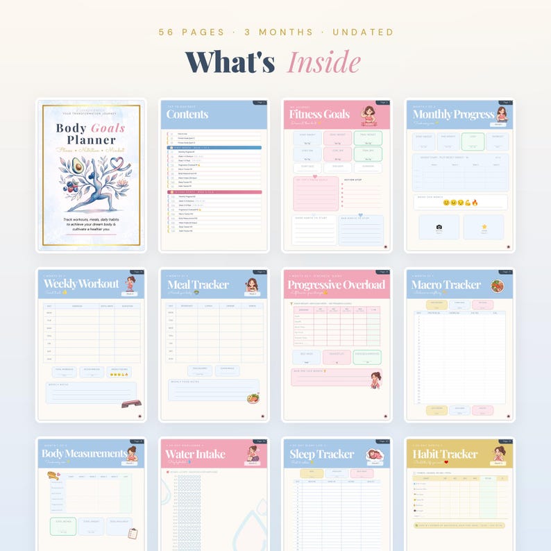 May include: A 56-page undated Body Goals Planner featuring 12 distinct page layouts including Contents, Fitness Goals, Monthly Progress, Weekly Workout, Meal Tracker, Progressive Overload, Macro Tracker, Body Measurements, Water Intake, Sleep Tracker, and Habit Tracker.