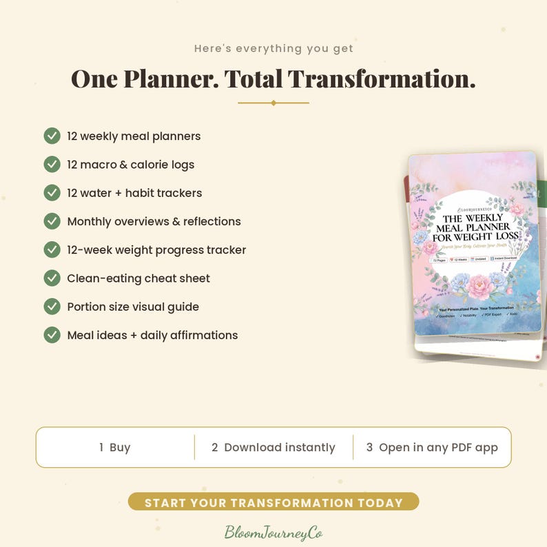 May include: A digital meal planner titled The Weekly Meal Planner for Weight Loss with floral graphics. The list includes 12 weekly meal planners, macro and calorie logs, water and habit trackers, monthly overviews, weight progress tracker, and more.