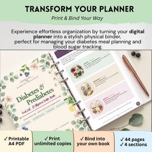 K&ouml;nnte beinhalten: Ein digitaler Planer f&uuml;r Diabetes- und Pr&auml;diabetes-Management mit floralem Cover und dem Text 'Diabetes & Prediabetes Food List & Glycemic Index Guide'. Der offene Ordner zeigt Seiten mit Lebensmittelkategorien, einen ros&eacute;goldenen Stift und 44 Seiten.