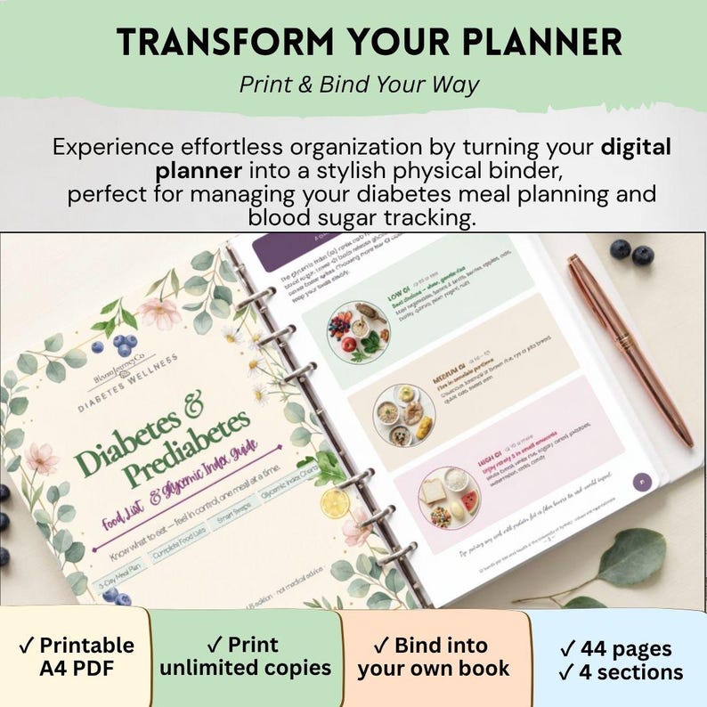 K&ouml;nnte beinhalten: Ein digitaler Planer f&uuml;r Diabetes- und Pr&auml;diabetes-Management mit floralem Cover und dem Text 'Diabetes & Prediabetes Food List & Glycemic Index Guide'. Der offene Ordner zeigt Seiten mit Lebensmittelkategorien, einen ros&eacute;goldenen Stift und 44 Seiten.