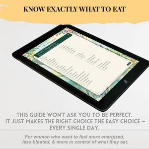 May include: A black tablet displaying a digital grocery shopping list with a floral border. The screen shows the text BloomJourneyCo and Grocery Shopping List. Above the tablet is the text KNOW EXACTLY WHAT TO EAT and below is text about making the right choice.