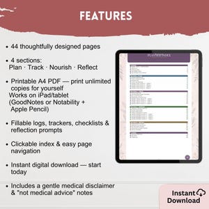 Puede incluir: Un planificador digital en la pantalla de una tableta que muestra un &iacute;ndice con cuatro secciones: Plan, Track, Nourish y Reflect. El texto enumera caracter&iacute;sticas que incluyen 44 p&aacute;ginas, formato PDF A4, registros rellenables, rastreadores y un &iacute;ndice clicable.
