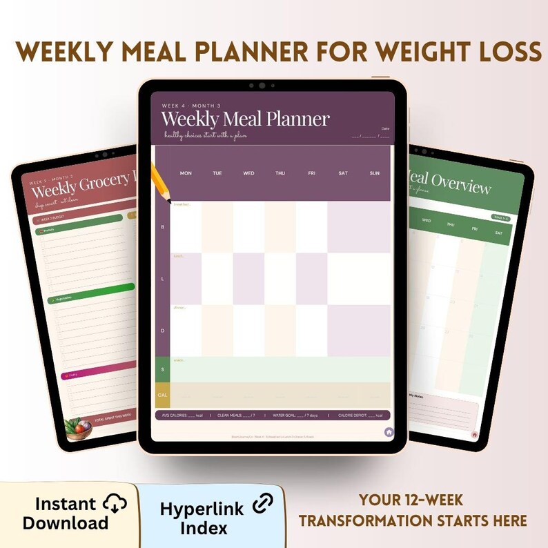 May include: Three digital tablets displaying a weekly meal planner, a weekly grocery list, and a meal overview. The central tablet features a purple header with the text Weekly Meal Planner, a grid for days of the week, and meal categories.