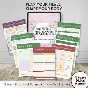May include: A digital meal planner set displayed on a tablet screen and printed pages. The collection includes trackers for water, habits, monthly reflections, grocery lists, portion guides, and weight loss progress, featuring floral accents and text.