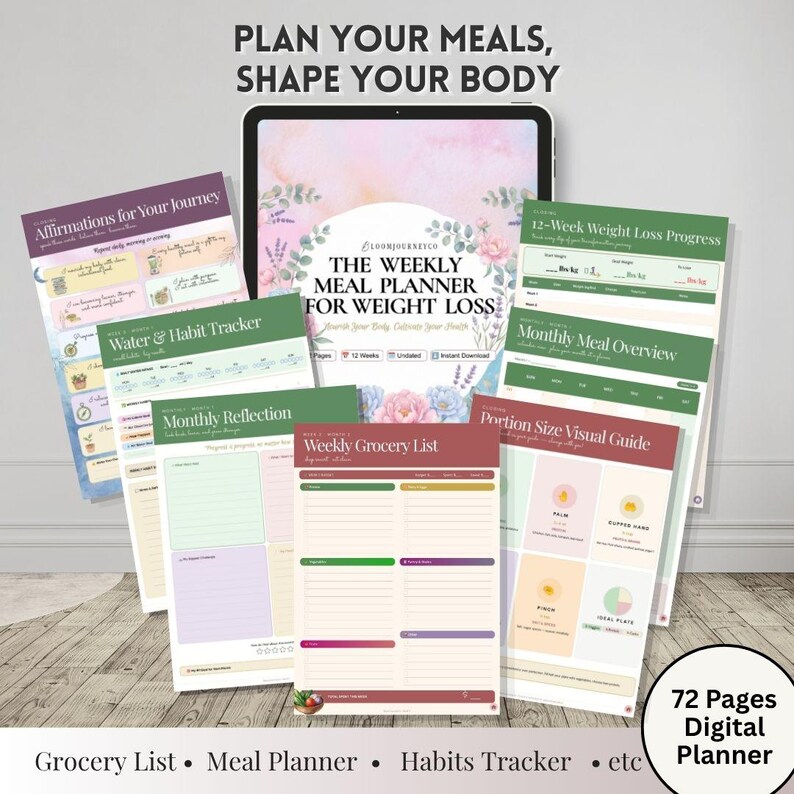 May include: A digital meal planner set displayed on a tablet screen and printed pages. The collection includes trackers for water, habits, monthly reflections, grocery lists, portion guides, and weight loss progress, featuring floral accents and text.