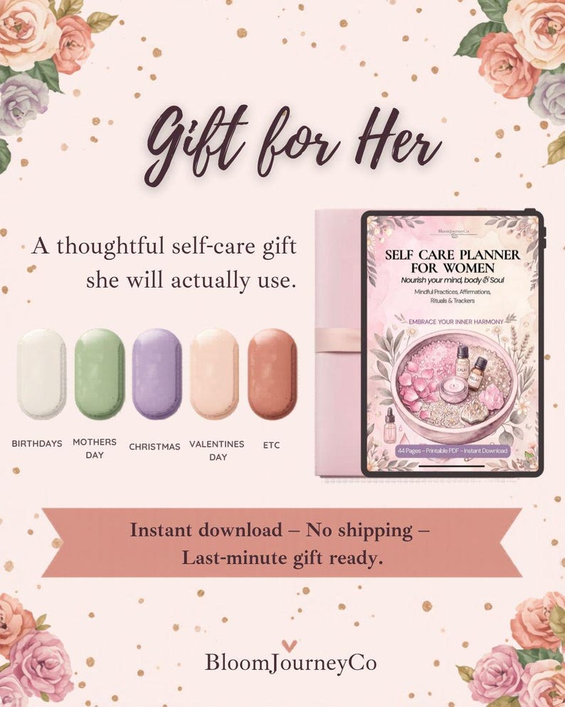 May include: A digital self-care planner titled Self Care Planner for Women, featuring a pink cover and a tablet display showing a bowl of crystals and oils. The graphic includes text Gift for Her, five coloured oval icons, and floral accents.