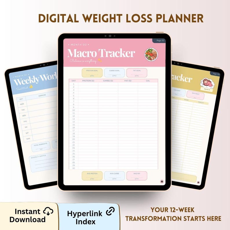 May include: A digital weight loss planner displayed on three tablet screens. The central screen shows a pink Macro Tracker page with columns for protein, carbs, fat, and calories. The side screens show weekly workout and tracking pages in blue and yellow.