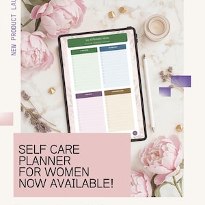 May include: A digital tablet displaying a Joy & Pleasure Menu planner with four colour-coded sections for tasks. The screen shows text including 5-MIN JOYS, 20-MIN JOYS, 5-HR JOYS, and SELF CARE. The text SELF CARE PLANNER FOR WOMEN NOW AVAILABLE! is visible.