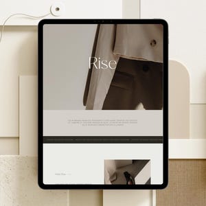 May include: A tablet displaying a website interface with the word Rise in a serif font. The page features a beige color palette, a photograph of a tan blazer, placeholder mission statement text, and a section labeled Meet Rise at the bottom.