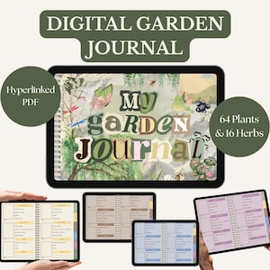 May include: A digital garden journal displayed on a tablet screen with the text My Garden Journal, featuring illustrations of butterflies, dragonflies, and plants. The set includes multiple tablet views showing internal pages with organised layouts.