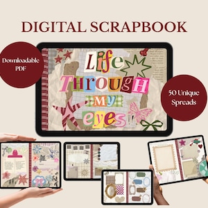 Puede incluir: Un álbum de recortes digital con el texto Life Through My Eyes en estilo collage, incluyendo texturas de papel, estrellas y mariposas. El conjunto incluye un PDF descargable con 50 páginas únicas mostradas en pantallas de tabletas con diversos diseños, marcos y elementos decorativos.