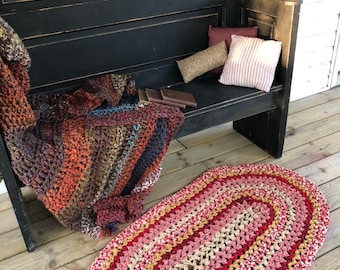 Memphis Rug Crochet 44"x24" Area Rug Oval Cotton Runner Floor Farmhouse Bathmat Kitchen Porch Country Log Cabin Prim Homespun Red Tan