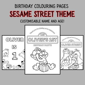 Puede incluir: Tres páginas para colorear de cumpleaños en blanco y negro con temática de Sesame Street. Las páginas muestran personajes como Elmo, Big Bird y Bert, con texto que incluye "Oliver is 1", "Oliver's 1st Birthday Party" y "Oliver Street".