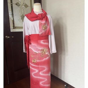 Kimono Remake Wrap Skirt with Stole, Embroidered Gold Maple Leaf Pattern Red Midi Skirt, Japanese Vintage Apparel Free Size Gift for Her