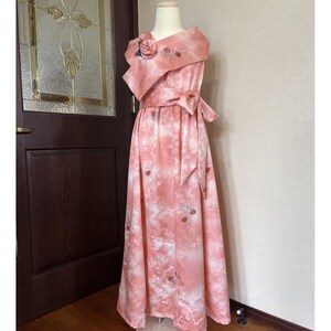 Kimono Remake Silk Dress, Multiway Formal Maxi Gown, Upcycled Japanese Vintage Silk, Sakura Cherry Blossom Pink Dress with Detachable Collar