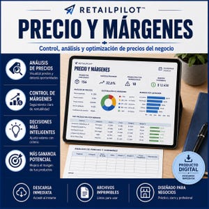Puede incluir: Una tableta digital que muestra un panel de control de RetailPilot titulado PRECIO Y MÁRGENES con análisis de datos, gráficos y tablas. Junto a ella hay una plantilla impresa para el análisis de precios y márgenes de negocio.