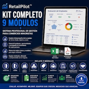 以下が含まれることがあります： 9つのモジュールを備えたRetailPilotというデジタル小売管理システムキット。ノートパソコンの画面には、従業員評価グラフ、パフォーマンス指標、データテーブルが表示されています。編集可能なExcelファイルとPDFマニュアルが含まれています。