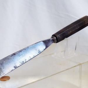 May include: A metal wood chisel with a flat, slightly weathered blade and a dark, octagonal wooden handle. The tool features a silver-toned metal ferrule connecting the blade to the handle, with a small copper-colored coin placed underneath.