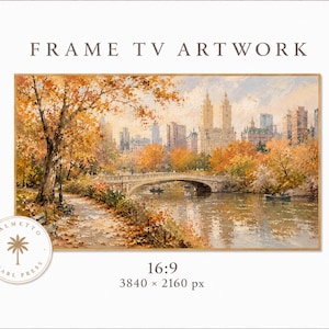 Könnte beinhalten: Digitale Grafik für einen Frame TV mit der Aufschrift FRAME TV ARTWORK, die ein impressionistisches Gemälde eines Parks im Herbst mit goldenen Bäumen, einer Steinbrücke über einen See und Stadtgebäuden im Hintergrund zeigt. Text 16:9 3840 x 2160 px.