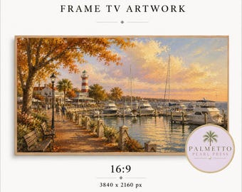 Hilton Head Marina Fall Frame TV Art, Coastal Autumn Harbor Painting (Digital Download)