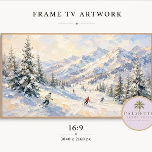 Può includere: Un file di arte digitale intitolato FRAME TV ARTWORK che mostra un paesaggio in stile pittura a olio con montagne innevate, pini e sciatori su un pendio. L'immagine include il testo PALMETTO PEARL PRESS, 16:9 e 3840 x 2160 px.