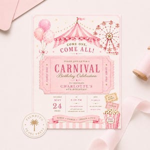 Pink Carnival Birthday Invitation, Watercolor Circus Tent, Editable Canva Template (Digital Download)