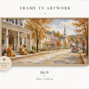 Pode incluir: Uma obra de arte digital para TV intitulada FRAME TV ARTWORK, 16:9, 3840 x 2160 px. A imagem mostra uma rua de outono com uma loja, abóboras, árvores douradas, uma torre de igreja e um caminhão vermelho. Um logotipo circular diz PALMETTO PEARL PRESS.
