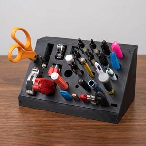 May include: A black, angled desk organizer featuring multiple slots and holes for storing various tools and writing instruments. The organizer holds orange scissors, a red tape measure, a multi-tool, and an assortment of pens, markers, and screwdrivers.