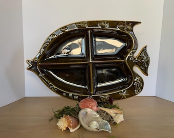 Vintage, mid century ceramic divided fish serving platter made by Treasure Craft. Dark green/brown paint with gold highlight trim.