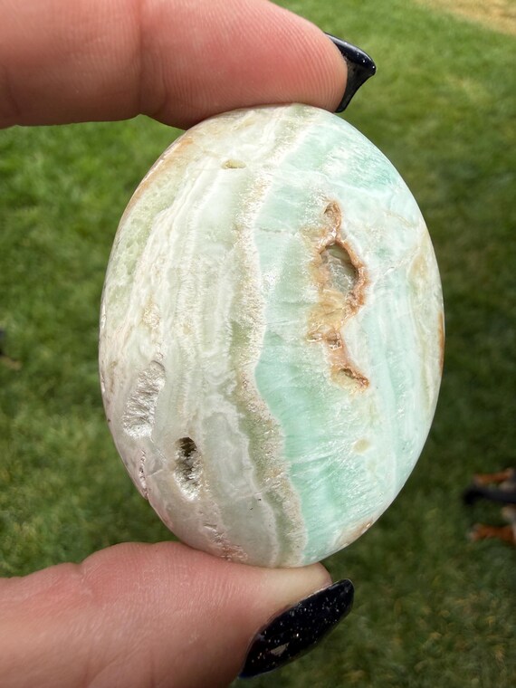 Natural Caribbean Calcite Palm Stone: Blue, White, Cream, Druzy Pockets, Polished Crystal