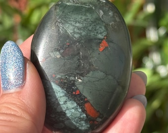 African Bloodstone Palm Stone | Polished Green Red Worry Stone, Grounding Crystal
