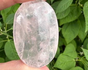 Natural Rose Quartz Palm Stone, Pale Pink Polished Crystal, 2.4 Inch Worry Stone
