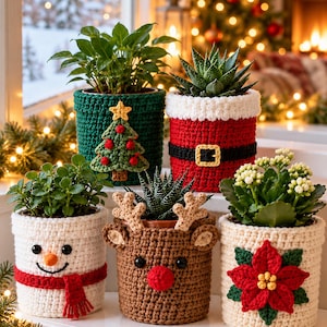 Christmas Pot Cover Crochet Pattern Bundle, 5 Plant Pot Cozies: Tree, Santa, Snowman, Reindeer, Poinsettia, Beginner PDF