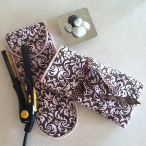 Pink and Brown Damask Duck Fabric Travel Totes - Flat Iron and Tolietry Bag