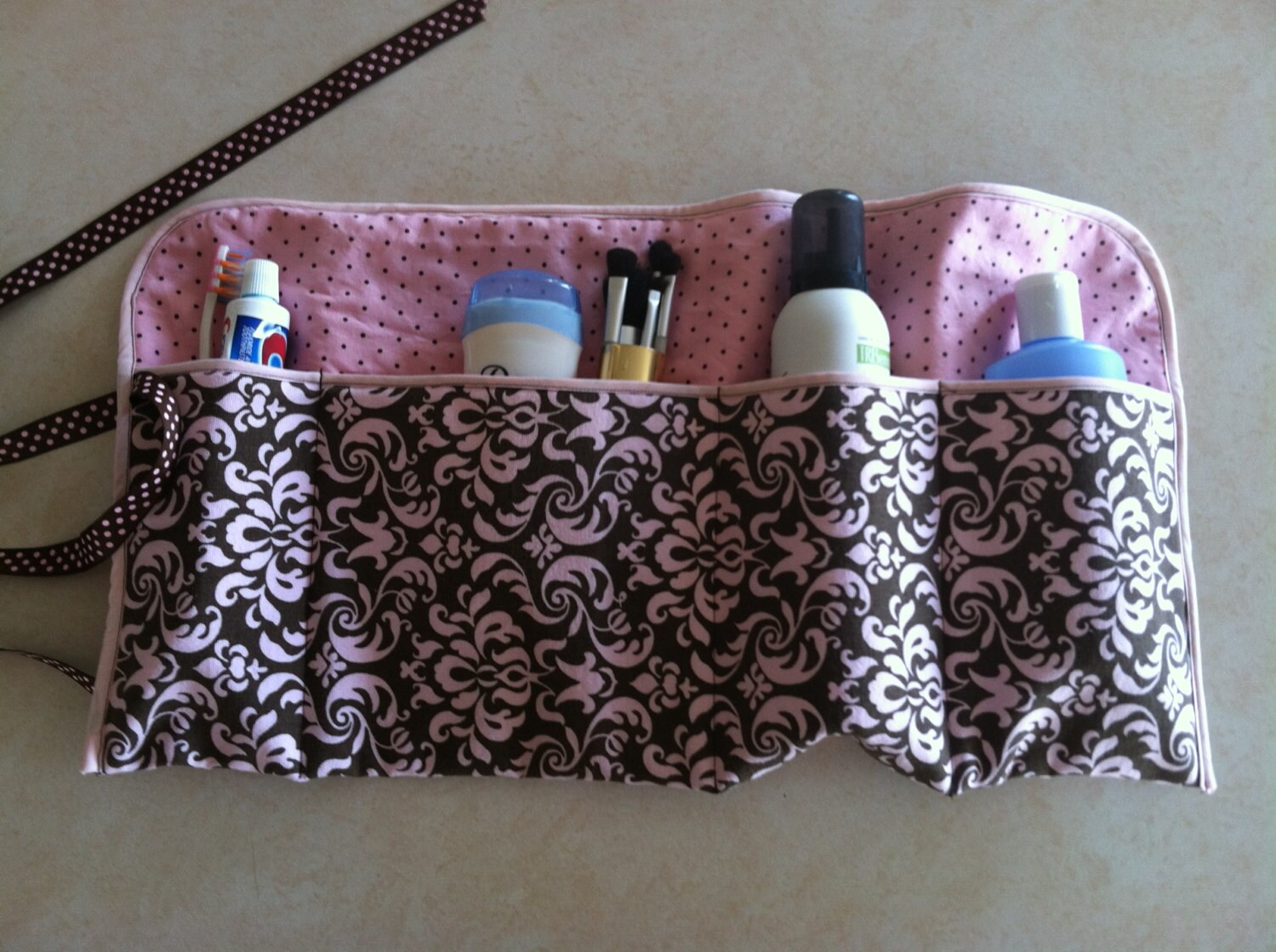 Pink and Brown Damask Duck Fabric Travel Totes Flat Iron and - Etsy