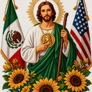 Puede incluir: Un bordado de punto de cruz que representa una figura con cabello castaño y barba, vistiendo una túnica blanca y una capa verde, sosteniendo un bastón de madera. Un medallón dorado cuelga del cuello. La figura está flanqueada por banderas de México y Estados Unidos.