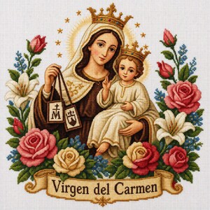 Virgen del Carmen con flores Cross Stitch Pattern - PDF & Pattern Keeper / Paradise Compatible".