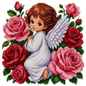 Puede incluir: Un patrón de bordado en punto de cruz que presenta una figura de ángel central con cabello castaño y alas blancas, rodeada por un denso arreglo de rosas en flor en tonos rojo oscuro, rosa brillante y rosa claro con hojas verdes.