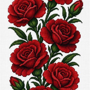 Puede incluir: Un patrón de punto de cruz que presenta una disposición vertical de rosas rojas vibrantes en varias etapas de floración, incluyendo flores completamente abiertas y capullos cerrados, acentuadas por hojas y tallos verde oscuro sobre un fondo de cuadrícula blanco.