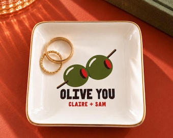 Personalized Ring Dish Ceramic Trinket Tray Custom Jewelry Wedding Gift Anniversary Couple Bridesmaid Present Birthday Olive Lover