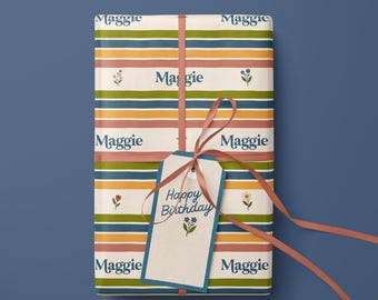 Personalized Wrapping Paper Custom Name Birthday Gift Wrap Sheet Stripe Star Design Floral Pattern Celebration Supplies Holiday Present Wrap