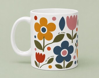 Retro Floral Mug Colorful Ceramic Coffee Mug Vintage Inspired Mid Century Flower Design Cheerful Coffee Gift Her Gift Friend Sister Coworker