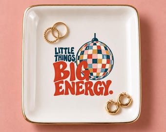 Ceramic Ring Dish Jewelry Holder Catchall Tray Small Trinket Retro Home Colorful Decor Disco Ball Gift Under 20 Birthday Best Friend