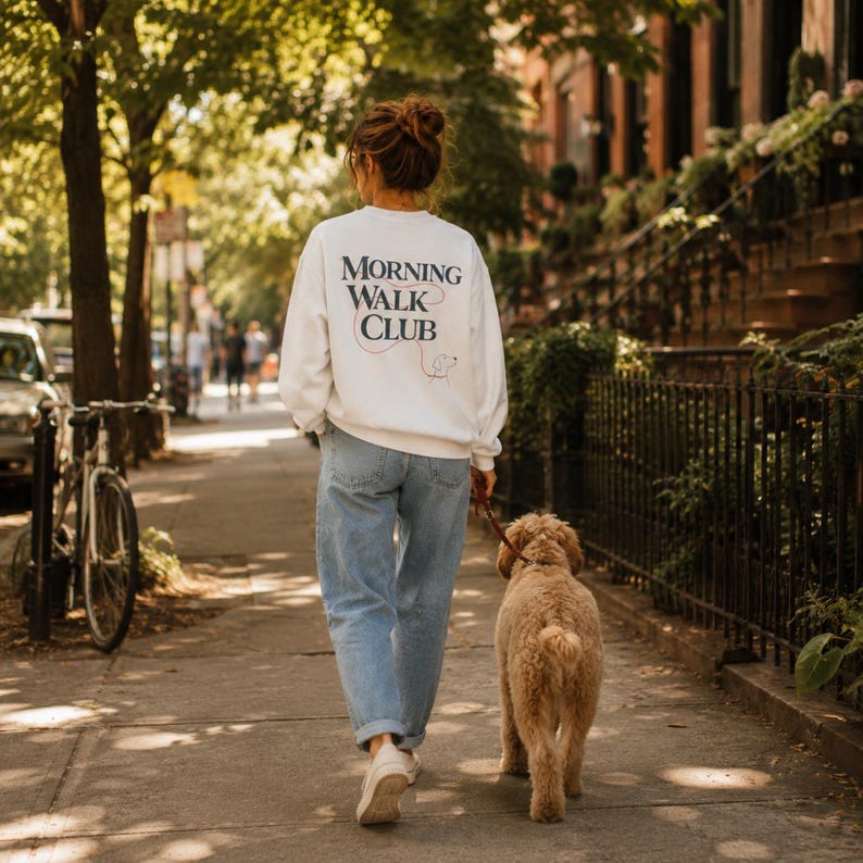 Dog Walking Sweatshirt Women Casual Crewneck Pet Owner Gift Cozy Graphic Pullover Gift for Her Birthday Present Christmas Gift Idea Dog Parent Apparel Everyday Walking Top Comfortable Sweatshirt