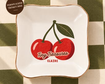 Personalized Trinket Tray Cherry Design Custom Ring Holder Ceramic Jewelry Dish Gift Her Birthday Bridesmaid Storage Small Gift Under 25
