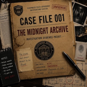 Może przedstawiać: Gra kryminalna do druku zatytułowana Case File 001 The Midnight Archive, zawierająca beżową teczkę z logo Blackwood Police Department, czarny długopis, kartę z odciskami palców, plan budynku oraz notatki śledcze na ciemnym tle.