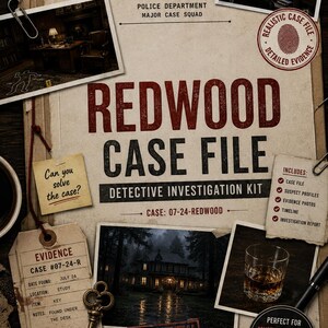 May include: A Redwood Case File detective investigation kit featuring a folder with the text "Redwood Case File" and "Detective Investigation Kit." The kit includes evidence photos, a vintage-style metal key, suspect profiles, and a case report.