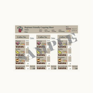 May include: A beige Beginner Friendly Cupping Sheet with three columns for coffee evaluation. Each section includes icons for flavor, acidity, and sweetness, with rows of coffee bean graphics for scoring, notes fields, and a final score section out of 20.