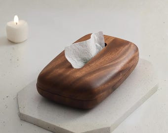 Walnut Wood Tissue Box Cover, Modern Rectangular Desktop Paper Dispenser Bathroom Organizer