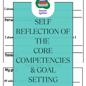 May include: A white educational worksheet titled Self Reflection of the Core Competencies with sections for Communication, Personal/Social Awareness, and Thinking. It includes a Teachin' 2gether logo and a teal overlay with the text SELF REFLECTION OF THE CORE COMPETENCIES & GOAL SETTING.